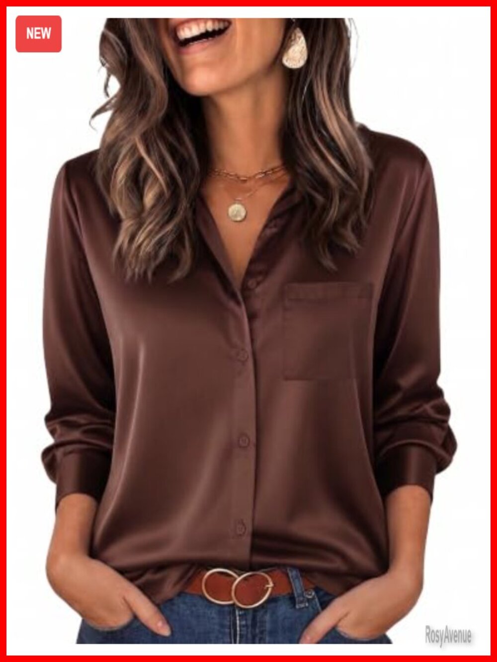 Satin Button-Down Blouse Long Sleeve V-Neck Dressy Casual Work Top